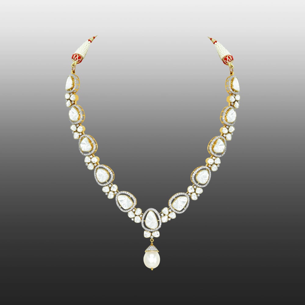 Teardrop Polki Necklace with Diamonds and Pearl Drop
